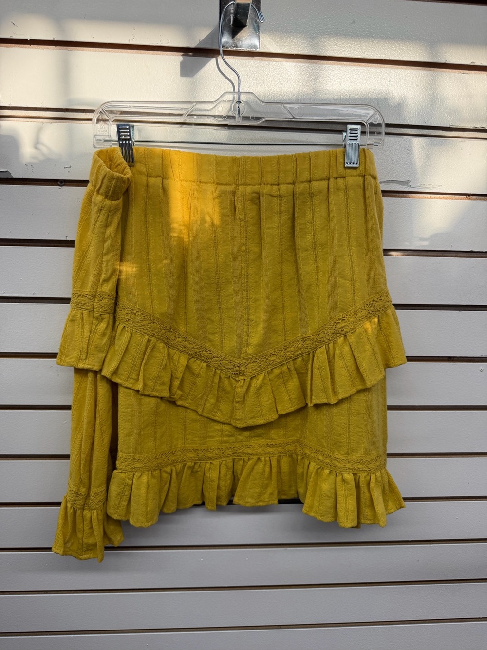 Time and Tru Mustard Boho Ruffle Mini Skirt | Lace Trim Tiered Size L 12-14